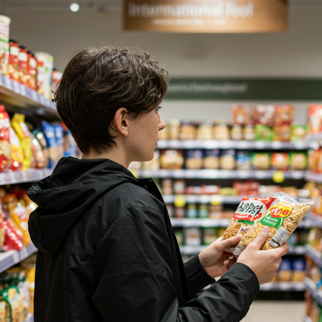 Person tittar på internationell matvara i butikshylla